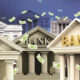 Several buildings are seen in the picture, each reads the text bank.